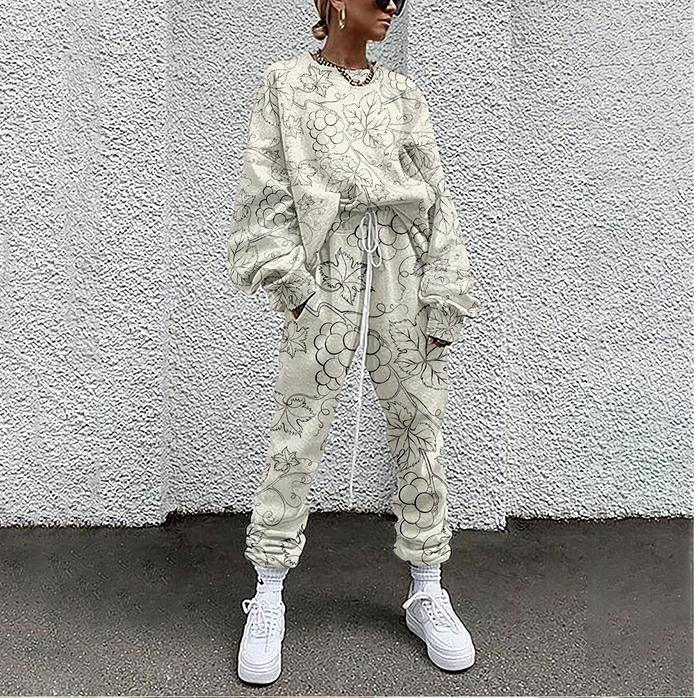 Women Tracksuit Grape Print 2 Piece Outfit Sweatshirt+Straight Sweatpants Matching Set Fitness Sporty Streetwear