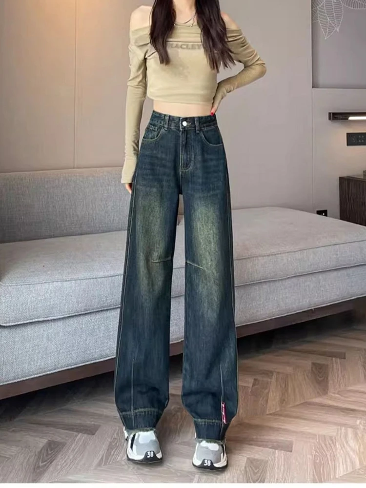 2025年秋冬 タッセルデザイン ワイドレッグジーンズ レディース 厚手 アメリカンスタイル 細身 ストレートパンツ