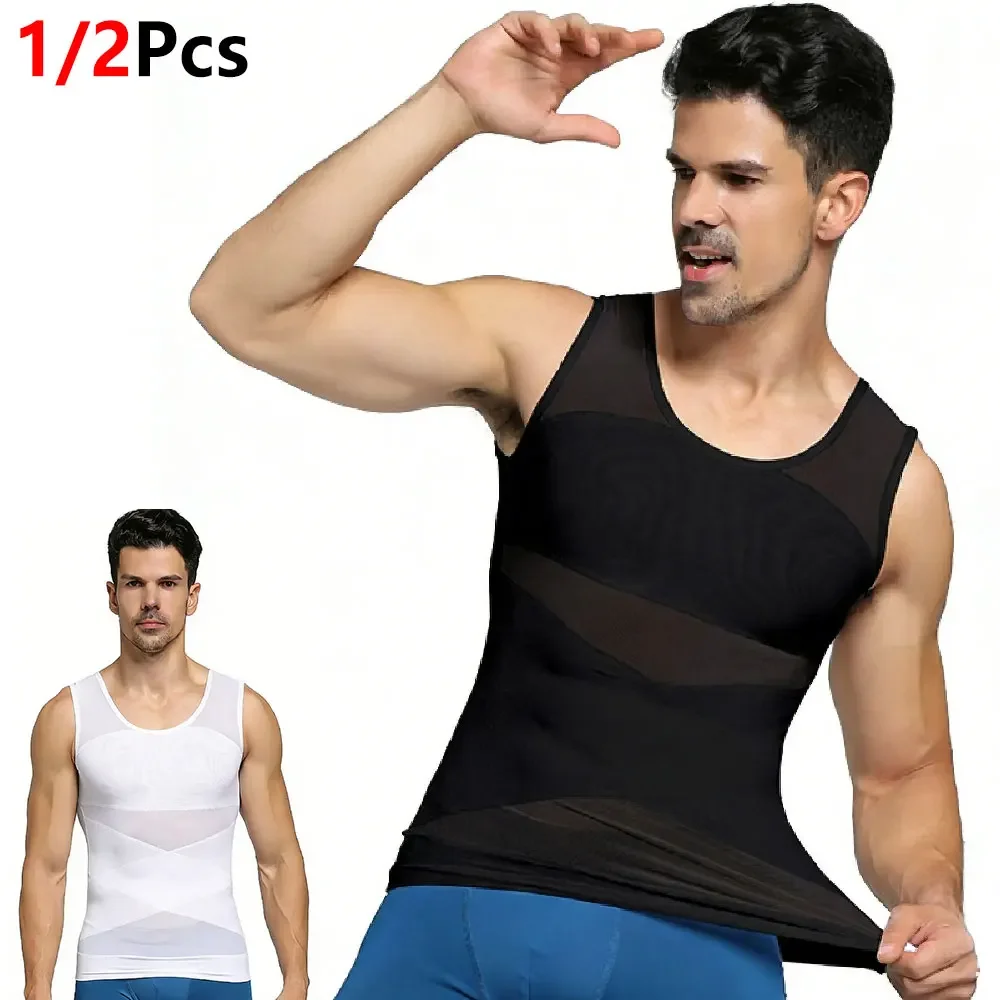 1/2Pcs New Mens Mesh Slim Shapewear Vest, Sleeveless High Elastic Compression Undershirt, X Cross Abdomen Tummy Control Tank Top