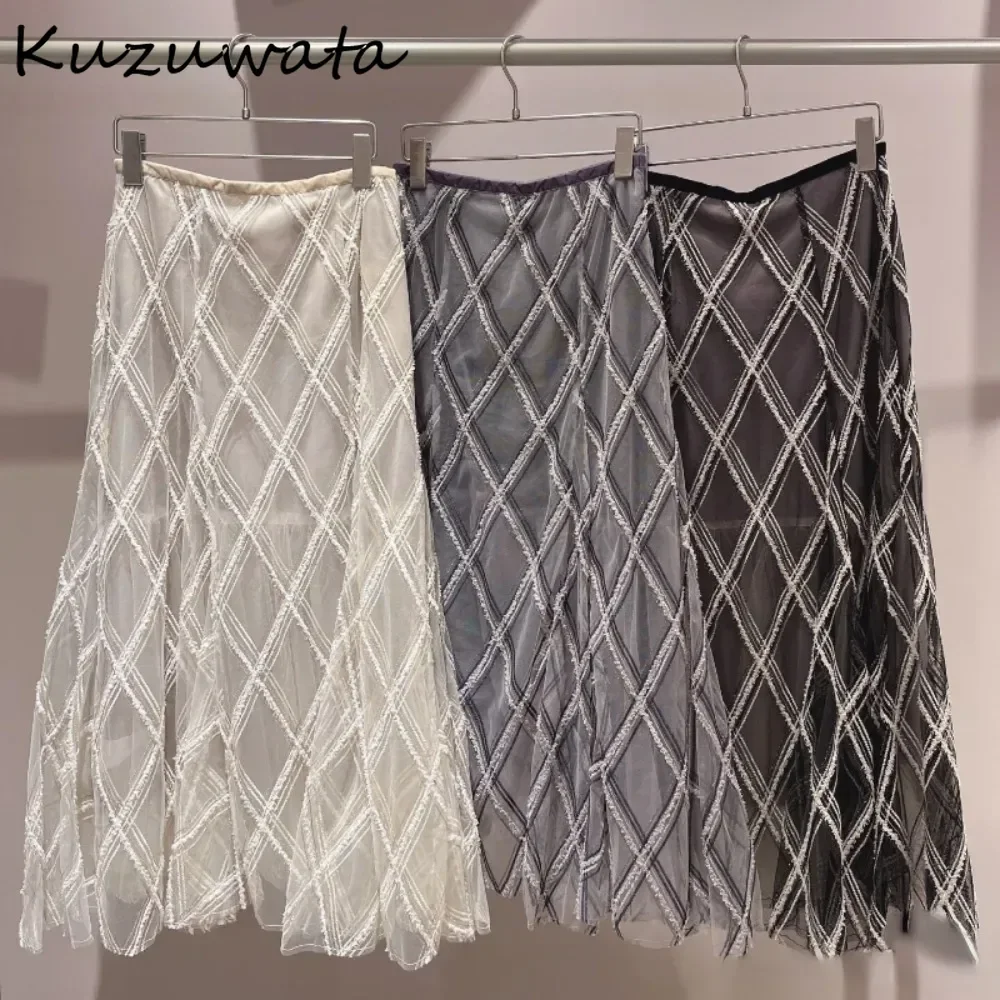 Kuzuwata A-line Mid-length Heavy Plaid Faldas High Waist Voile Casual Embroidery Skirt Japan All-match Slim Literary Mujer Falda