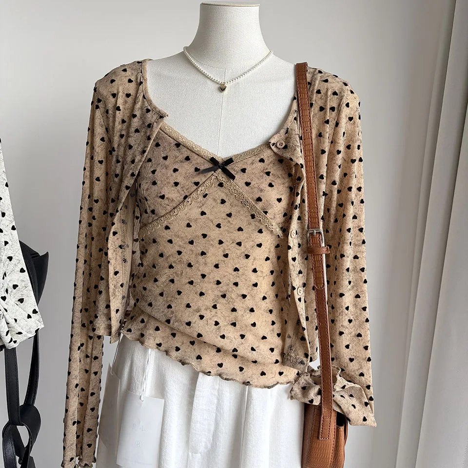 Pure Desire Heart Shaped Flocking Print Lace Trim Tank Top And Cardigan Two Piece Set Women's Slim Fit Short Long Sleeve Set