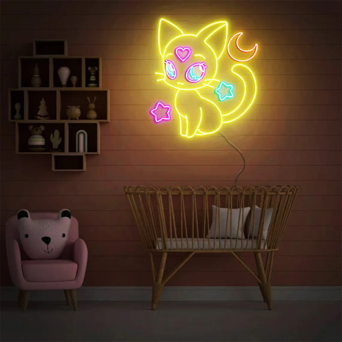 Moon Cat Neon Sign, Cute Cat Led Sign, Cat with Moon Stars Wall Art Kawaii Room Decor, Girl Game Room Decorations LED Neon Light