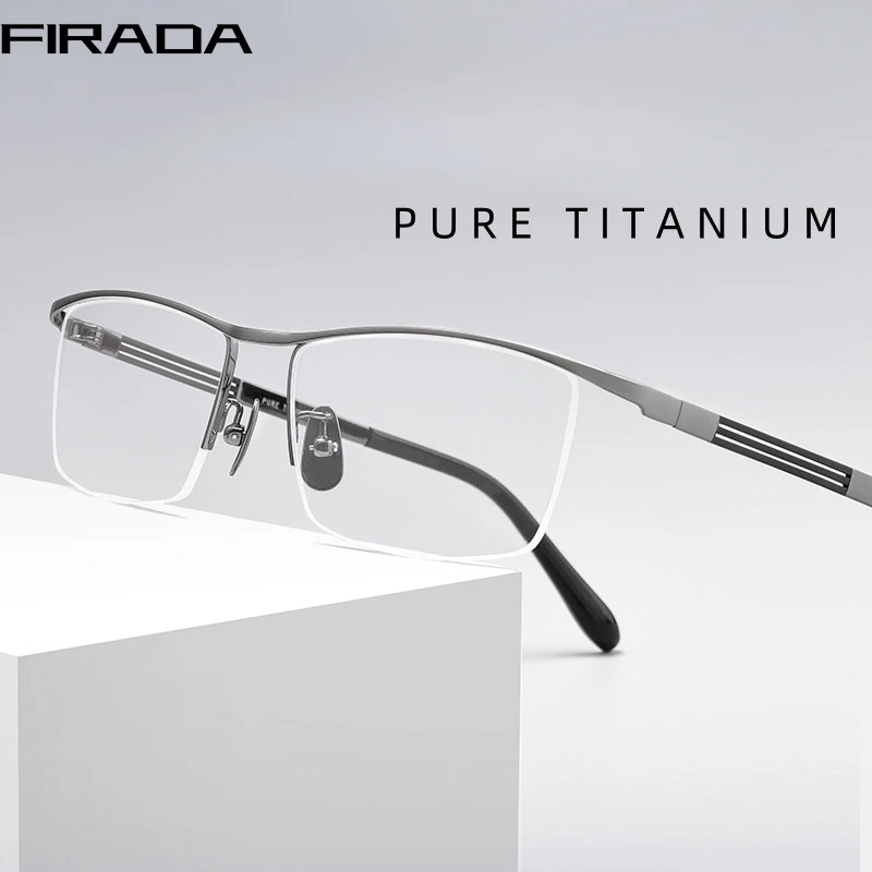 

FIRADA Fashion Ultra Light Glasses Retro Comfortable Pure Titanium Half Frames Eyewear Luxury Prescription Eyeglasses Men 80015B