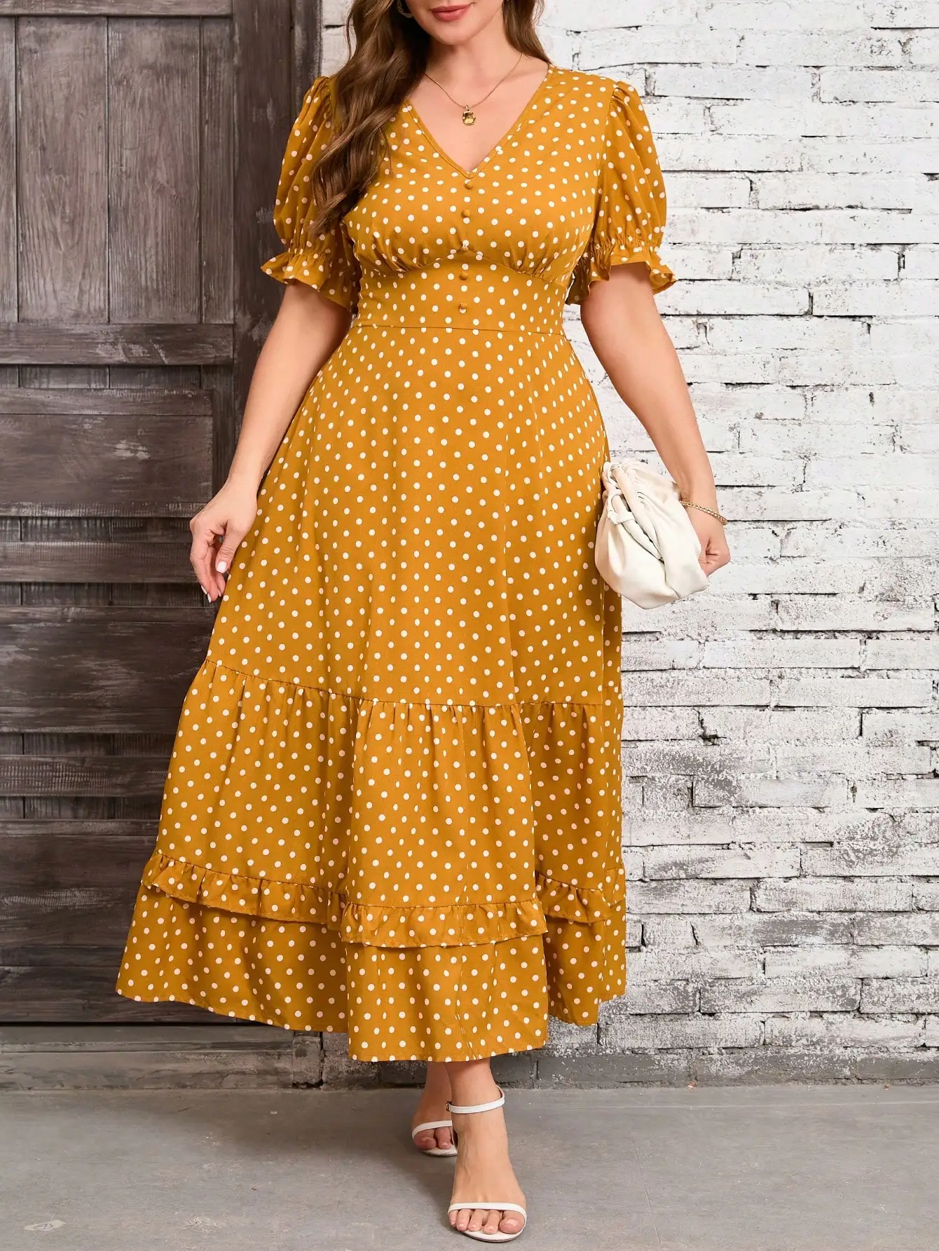 

Mustard Yellow Polka Dot V-Neck Ruffle Hem Maxi Dress for Women