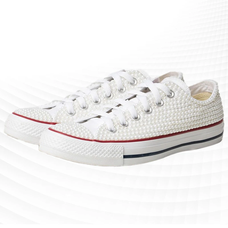 Plus-size Pearl Wedding party plimsolls Handmade custom white lace-up comfortable casual sports women's shoes 35-44