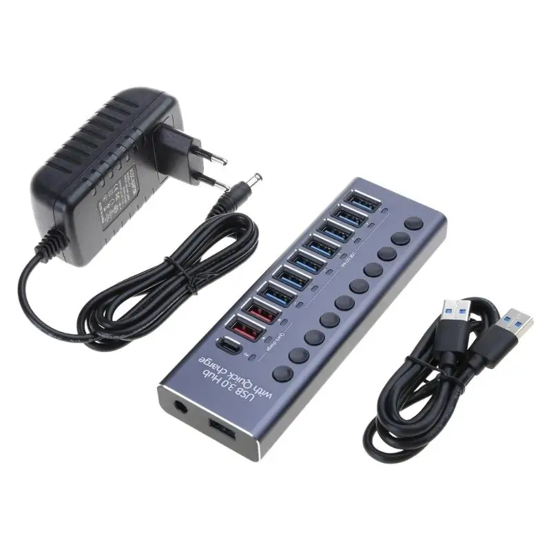 652F 9-Port USB + Type C Hub Expander with Power Switches & LED for PC