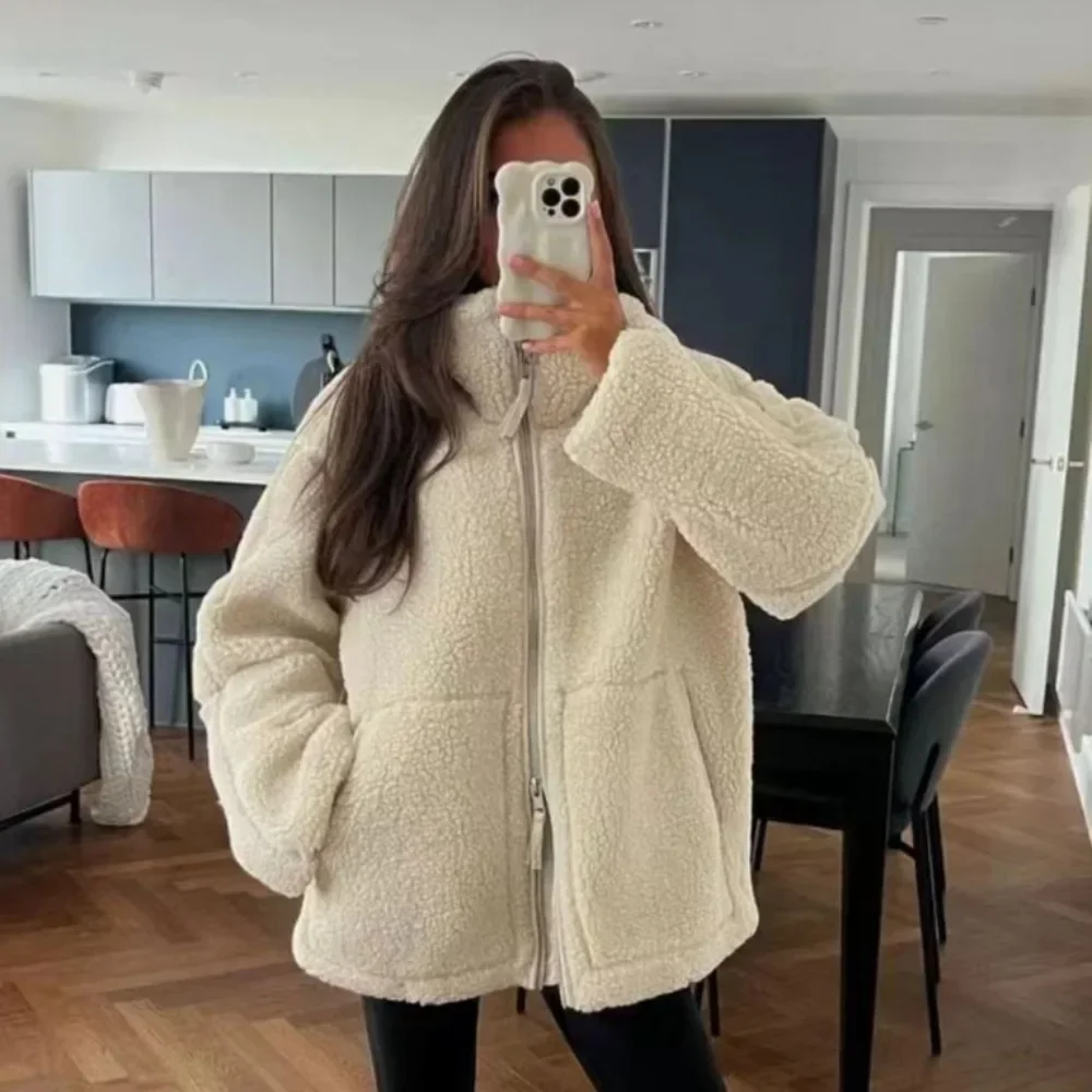 

European and American Style Autumn and Winter New Warm Women's Clothing Solid Color Lazy Style Lamb Wool High Neck Woolen Coat