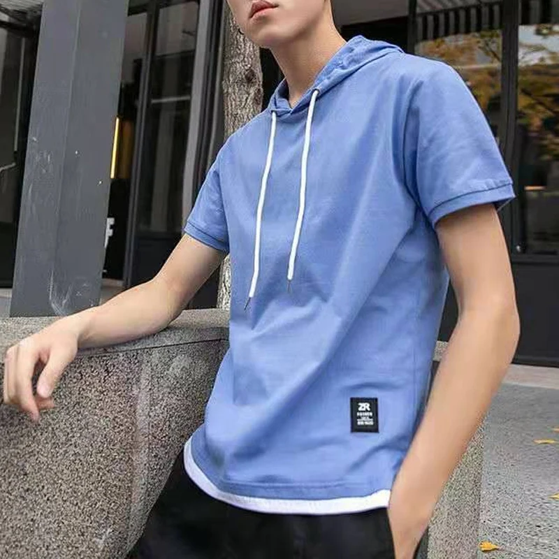 2023 Summer New Short Sleeve Hoodies Man Solid Color Drawstring Patchwork Pullovers Fashion Street Cotton Casual All-match Tops