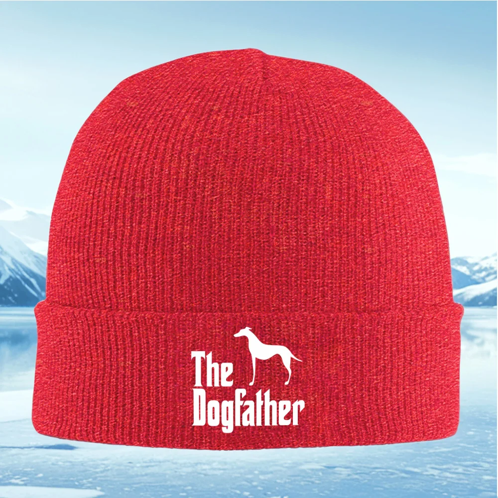 صورة ظلية للكلاب، كلمات "The Dogfather" للرجال والنساء للجنسين قبعة محبوكة قبعة صوفية شتوية حرارية دافئة لعيد الميلاد في الهواء الطلق