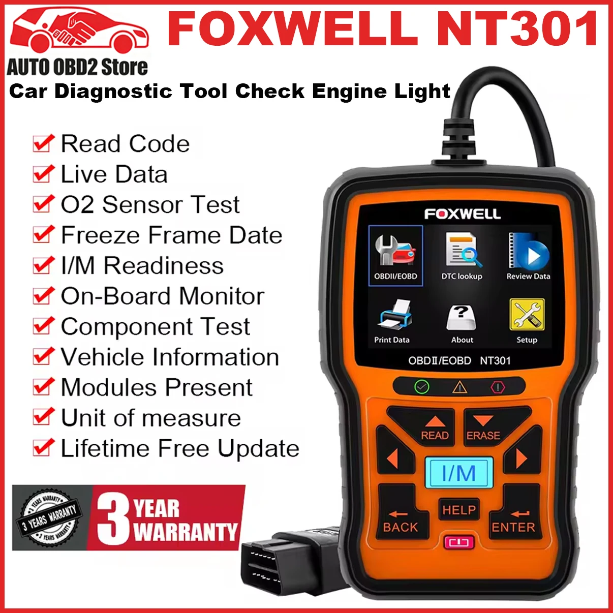 FOXWELL NT301 Full OBDII/EOBD Code Reader Scanner Automotive Professional Scanner Diagnostic Tool PK ELM327
