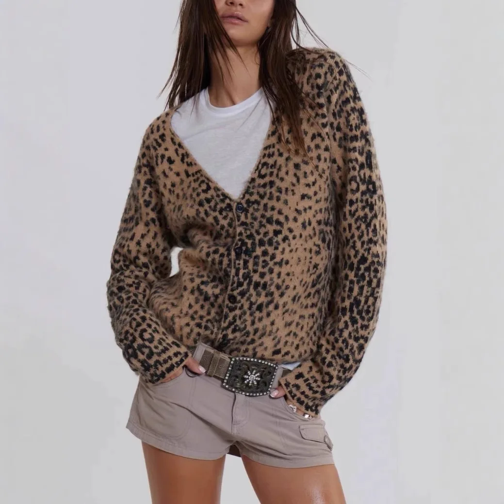 

Cross-border New Hot Sale Versatile American Retro Leopard Print V-neck Knitted Cardigan Women's European American Spice Girl So