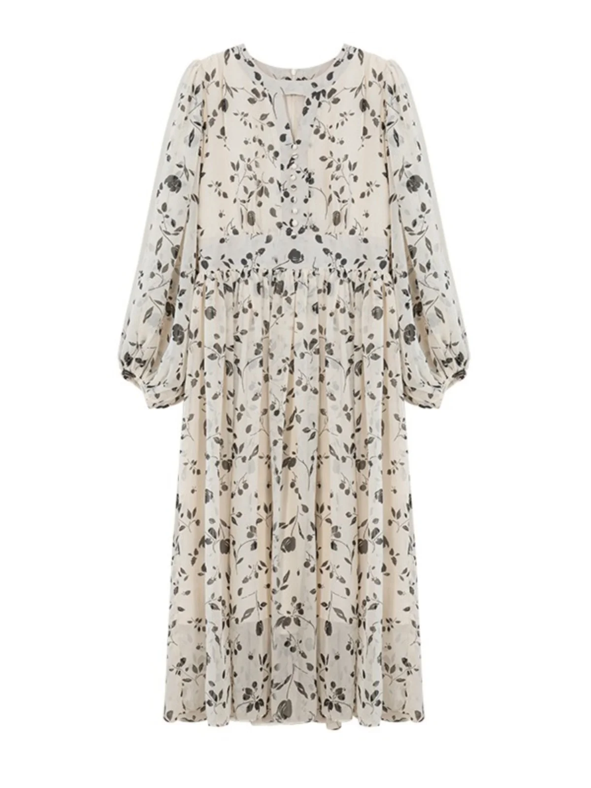 Floral Midi Dress Women Sweet A-Line Long Sleeve Hollow Out Dress Elegant High Waist Casual Long Dress Daily or Vacation Outfits