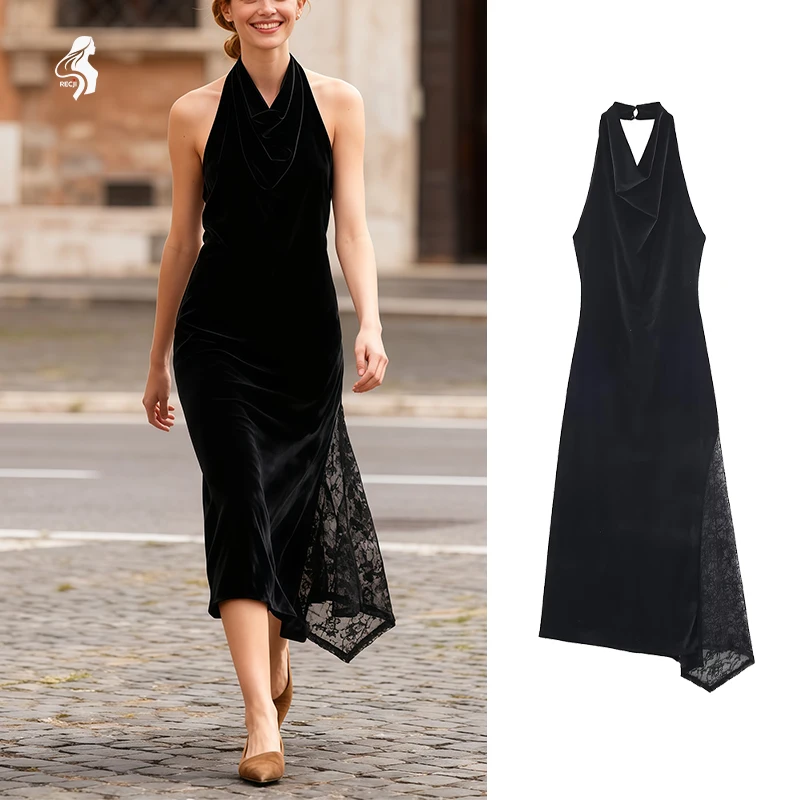 여성 패션 드레스 홀터넥 비대칭 밑단 레이스 패치워크 부드러운 벨벳 미디 드레스 우아한 이브닝 데이트 의상 트라피자란