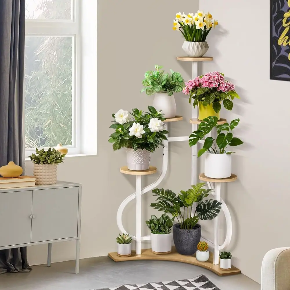 

6-Tier Indoor L-Shape Metal Plant Stand, Stylish White Holder for Multiple Pots, Suitable for Patio Balcony