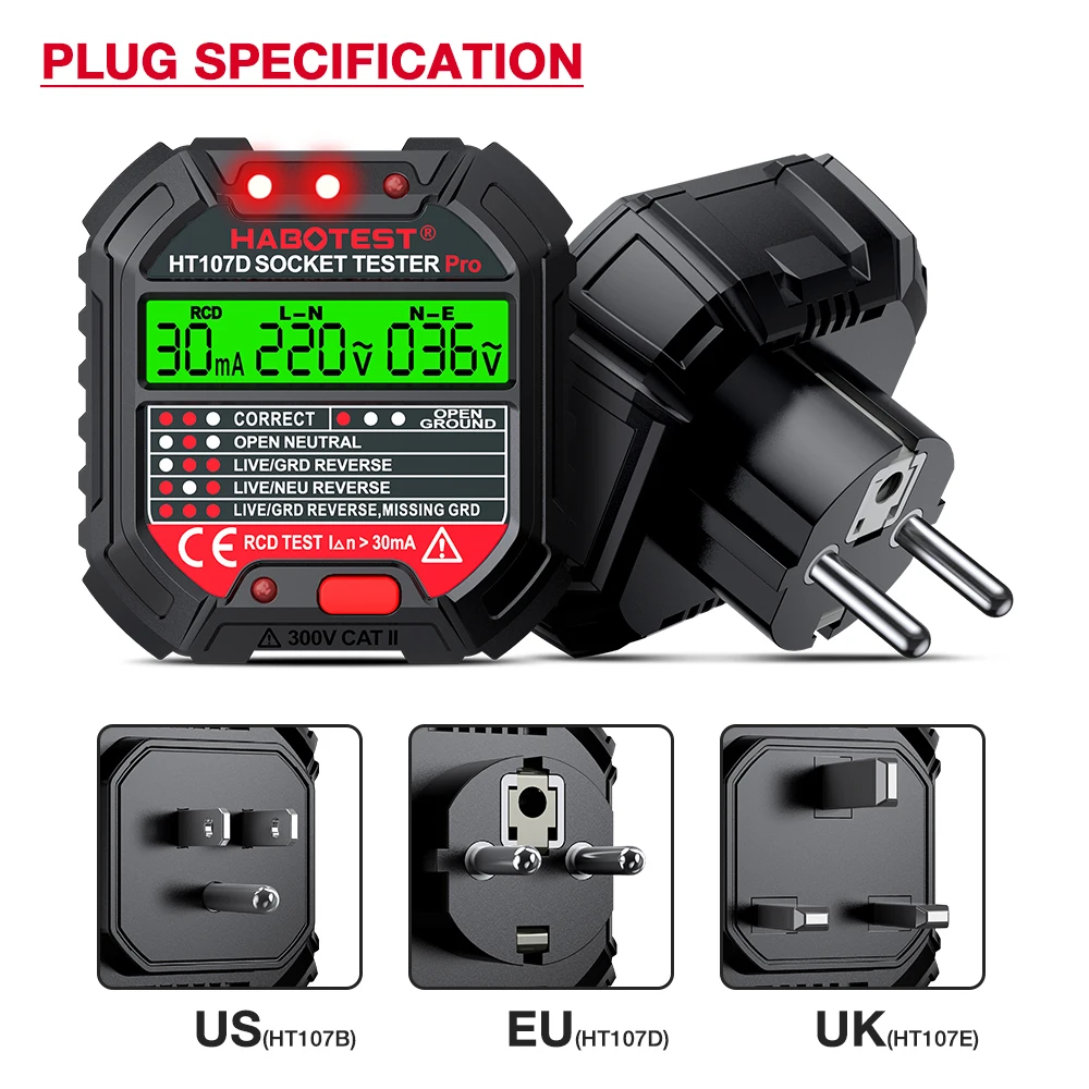 HABOTEST HT107 Digital Socket Tester Voltage 30mA RCD Test Smart Detector EU US UK Plug Ground Zero Line Polarity Phase Check