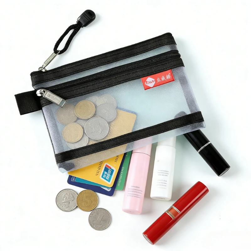 Double Layer Mesh Zipper Bag, Mini Card ID Coin Purse Organizer, Portable Wallet for Earphone Cable Storage,  Document Pouch