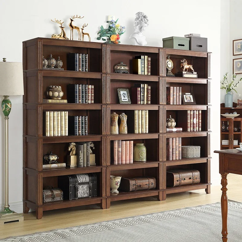 Simple solid wood bookcase bookshelf combination floor-to-ceiling American retro study living room office  storage cabinet