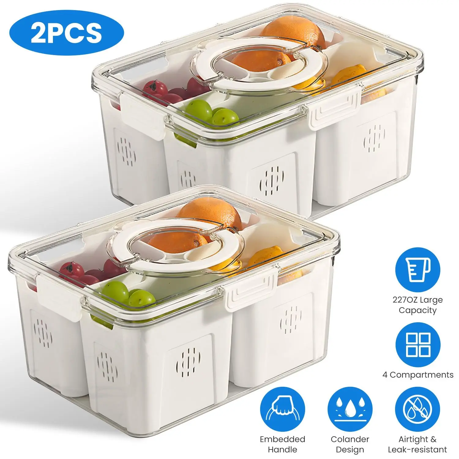 2Pack Airtight Fruit Storage Containers 4-Compartment Food Storage Containers Fruit Vegetable Organizers with 8 Removable Coland