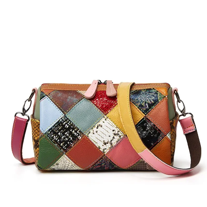 

New Fashionable Mobile Phone Bag Leather Splicing Round Bucket Retro Cowhide Women's Casual Single Shoulder Diagonal Cross Bag