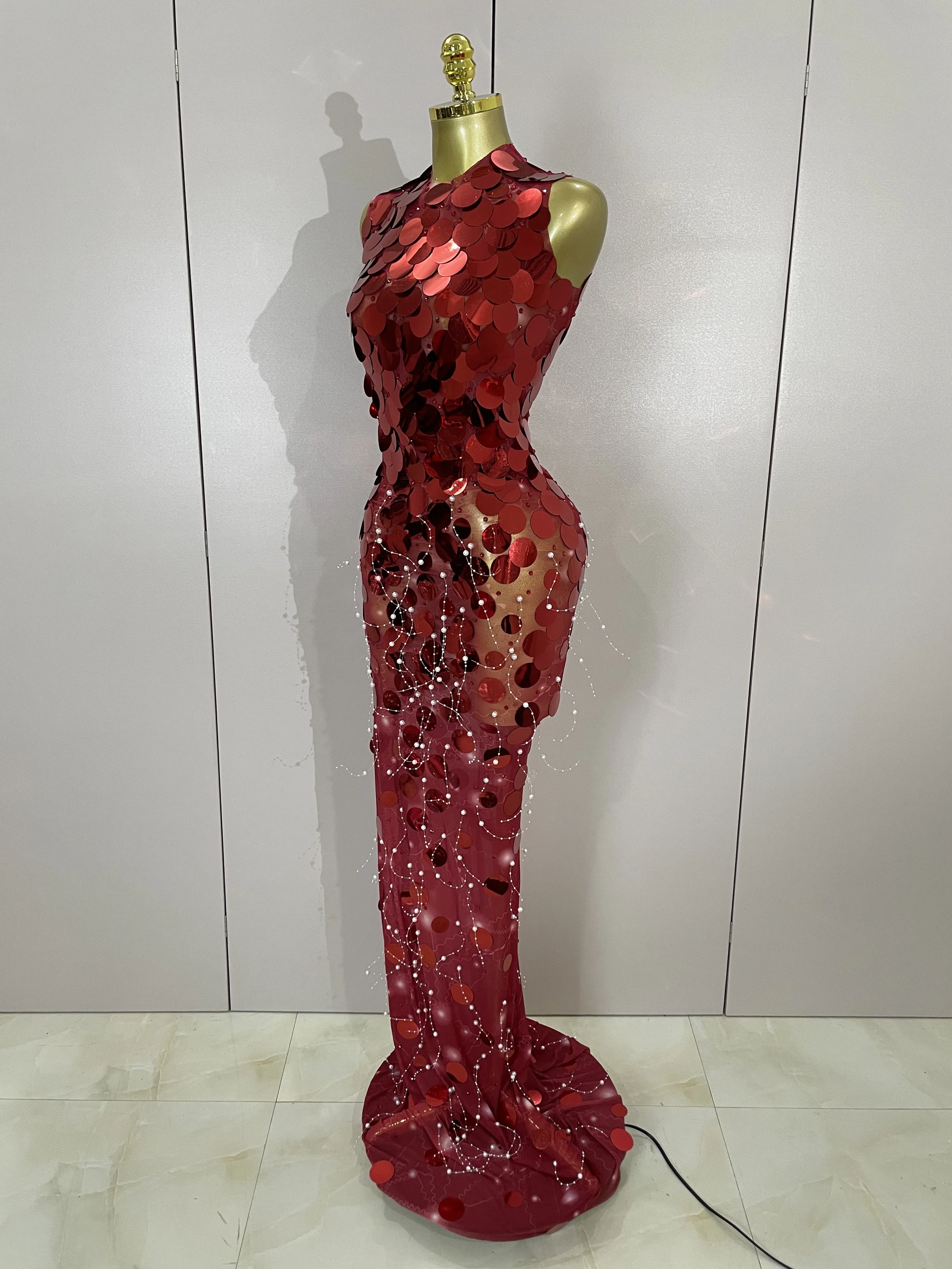 Luxury Birthday Party Women Sparkly Sequins Sexy Mesh Maxi Dress Evening Celebrate Performance Singer Nightclub Stage Costume