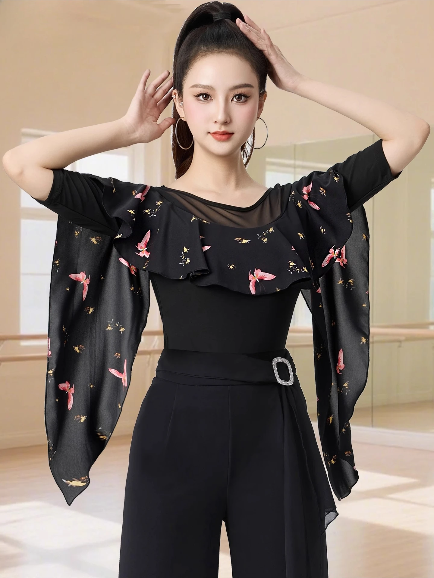 

Dancewear Women Tops Summer Print Latin Line Dance Costume New Products Ballroom Dance Women Tops Training Clothes Black Shirt