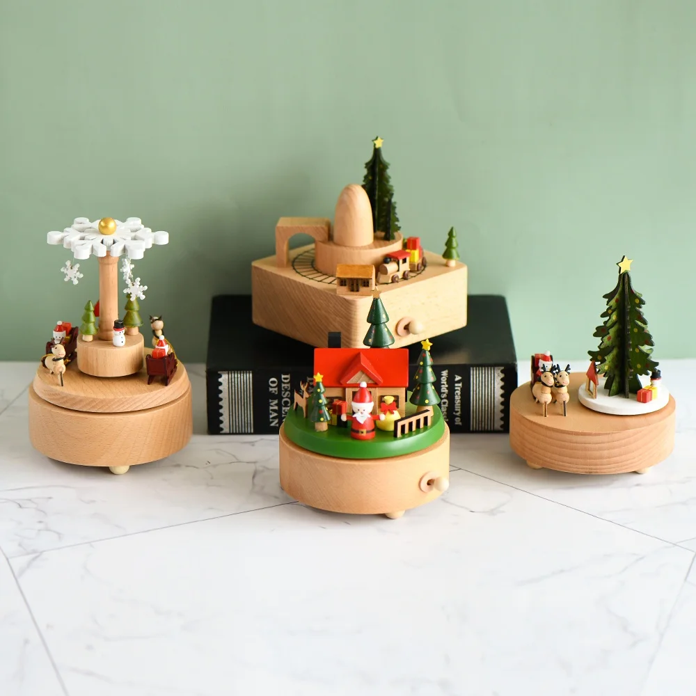 

Wooden Round Music Box Special Custom Clockwork Christmas Rotating Music Box For Baby Gift