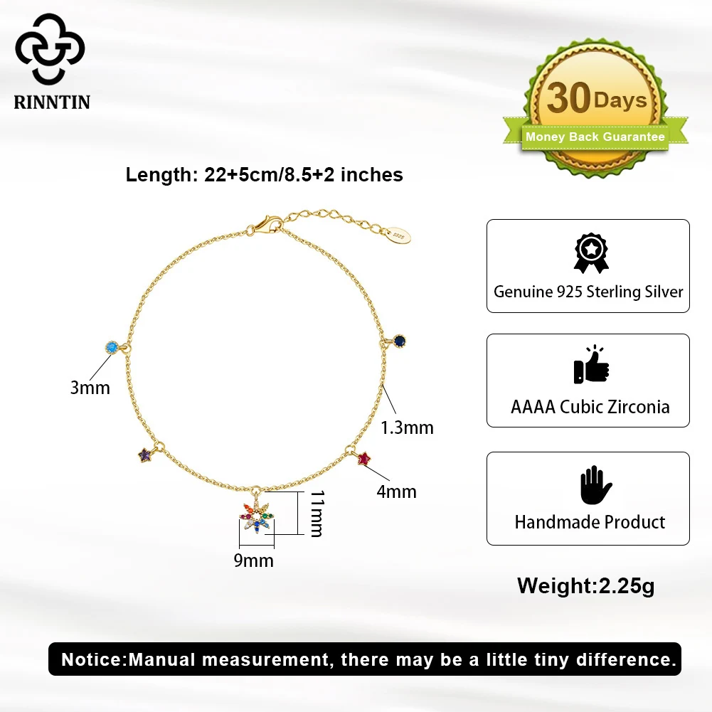 Rinntin Genuine 925 Sterling Silver Colorful Starfish Anklet for Women Summer Fashion Adjustable Foot Chains Jewelry SA69