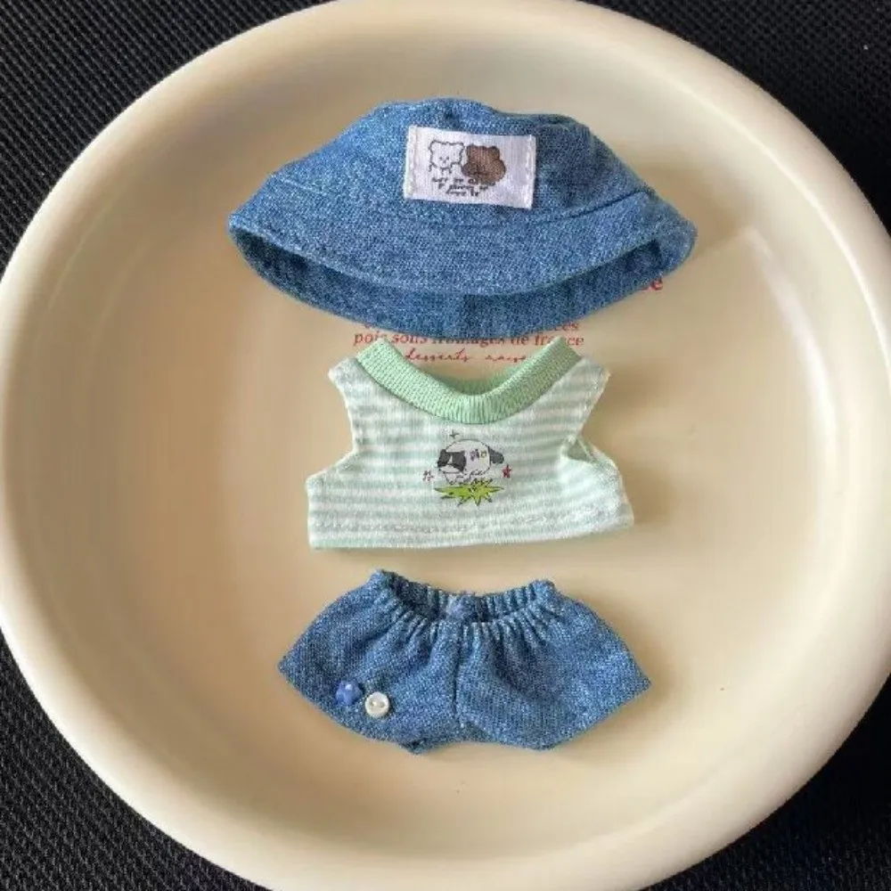 1 Juego de camiseta a rayas, ropa de muñeca de algodón de 10/20cm, conjunto de verano, sombrero de vaquero, ropa de muñeca de algodón de 20cm, Mini patrón de dibujos animados