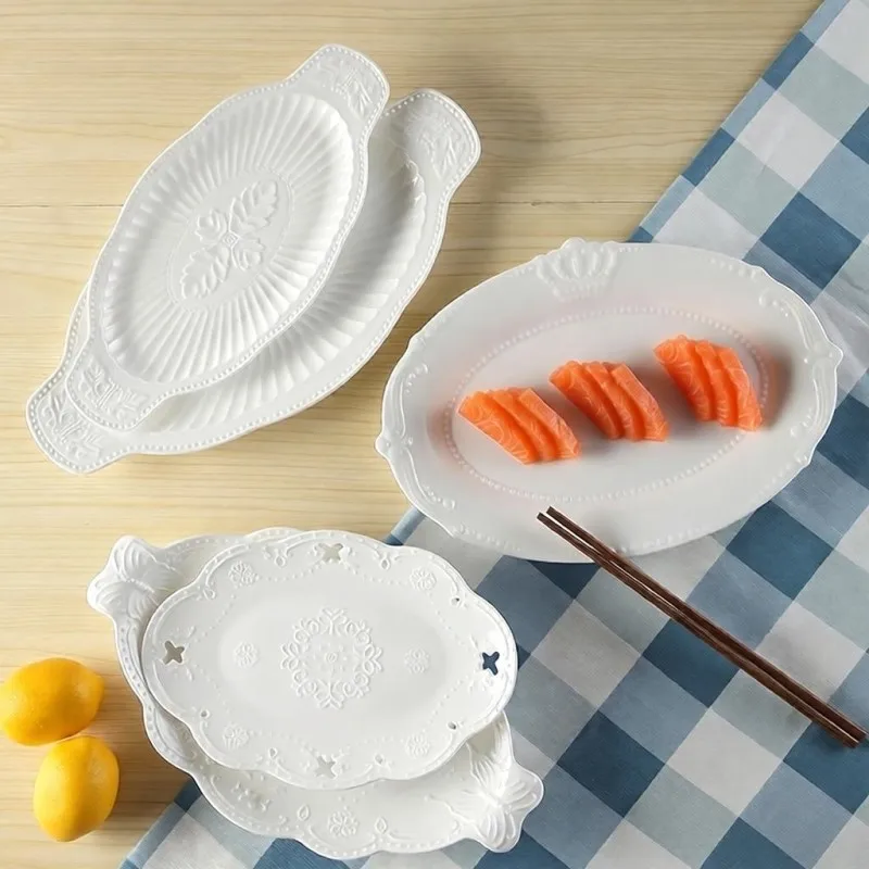 Assiette ovale en porcelaine gaufrée blanche, borden à pâtes en céramique, plateau de service, assiette de cuisine à dessert, service de restaurant de palais