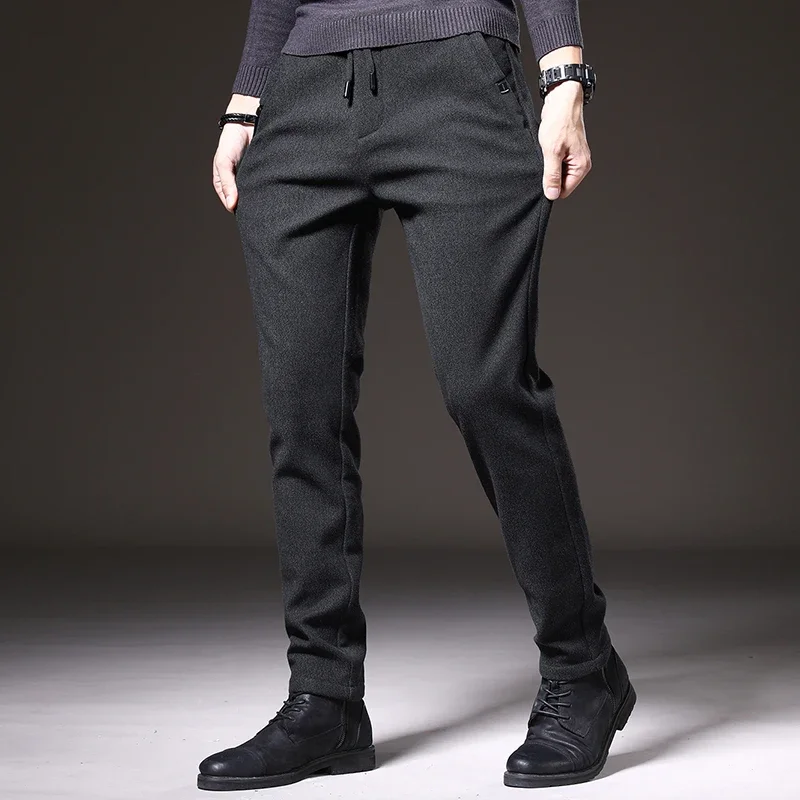 Brand Autumn Winter Brushed Fabric Casual Pants Men Thick Business Work Slim Cotton Black Grey Trousers Male Plus Size 38