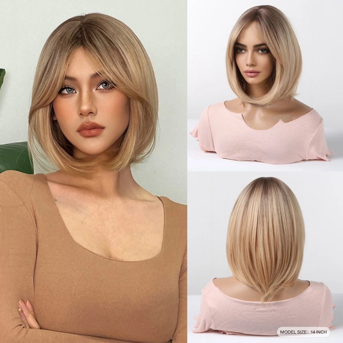 HAIRCUBE krótkie peruki syntetyczne proste blond podkreślanie peruki z grzywką Bob złote dla kobiet odporne na ciepło włókna włosów Cosplay