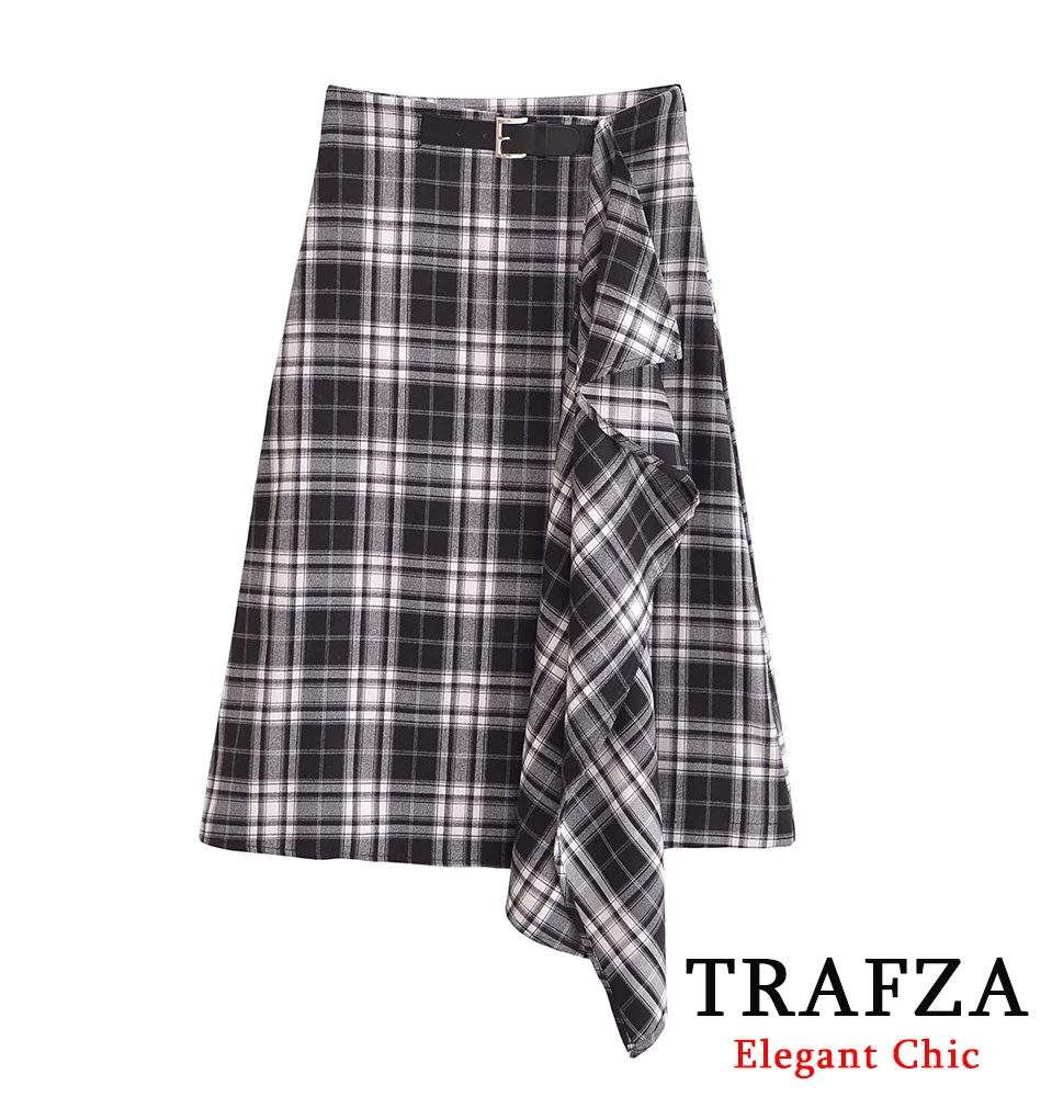 TRAFZA-Women's Casual Checked Dress with Belt New 2024 Spring Autumn High Street Date Irregularity Skirt