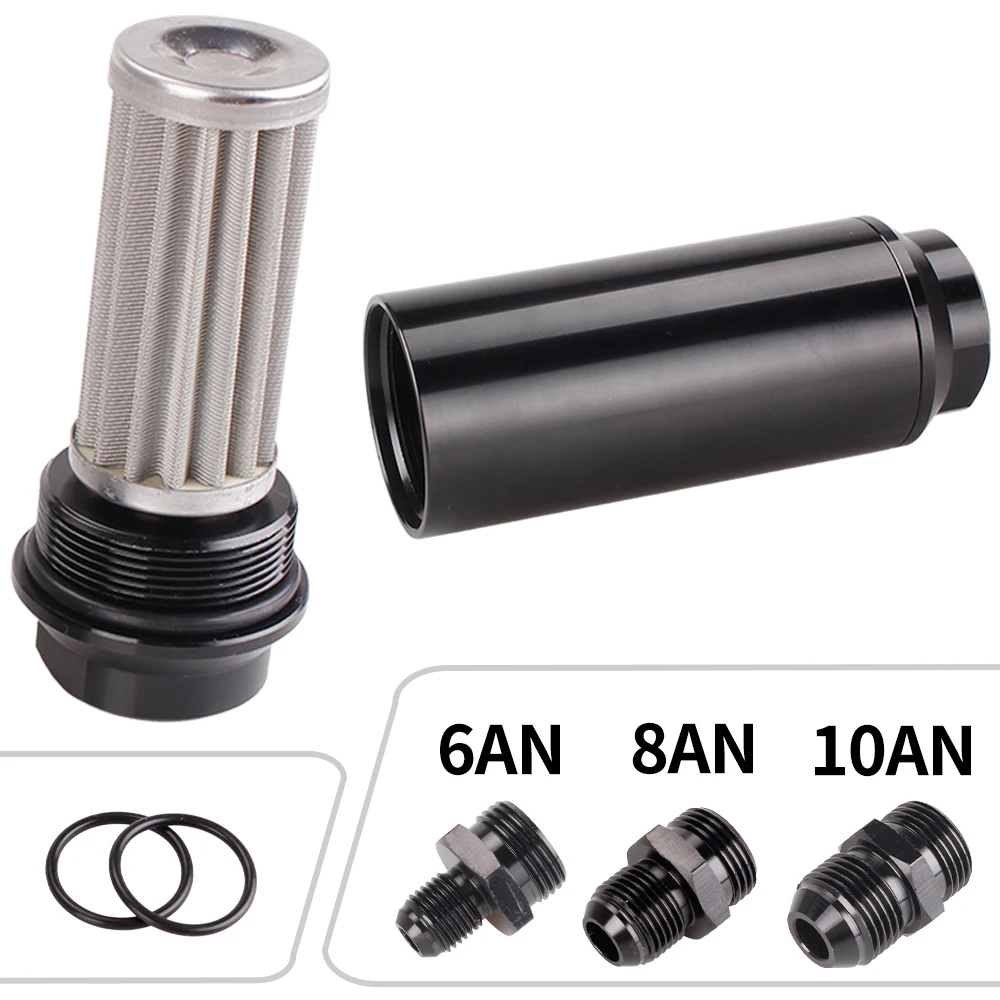 RASTP-New 44MM 60 Micron/ 50MM 100 Micron Racing Inline Fuel Filter Aluminum With Mount with AN10 AN8 AN6 Fittings Adapter