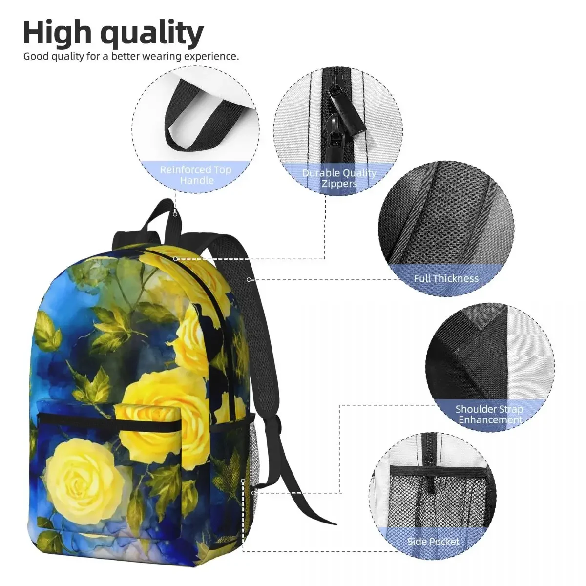 Elegant Yellow Roses On Blue Texture Backpack Boys Girls BookBag Children School Bag Computer Shoulder Bags for Men Women