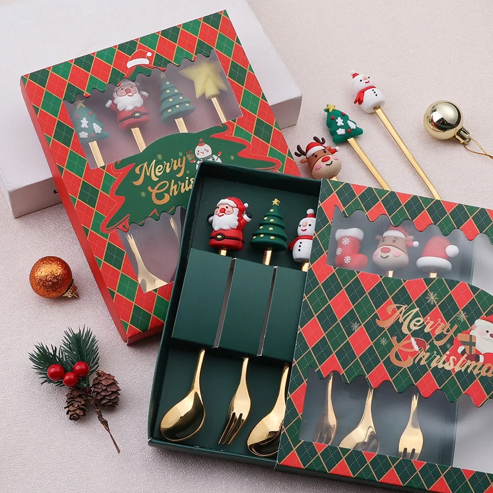 Christmas Coffee Spoons Forks Set (4/6Pcs), Stainless Steel Spoon Forks Christmas Gifts for Kids(Red/Green Gift Box Set)