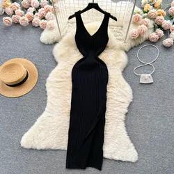YuooMuoo Women Dress Sexy V-neck Slim Elastic Ribbed Knitted One Piece Bodycon Dress Streetwear Lady Vestidos