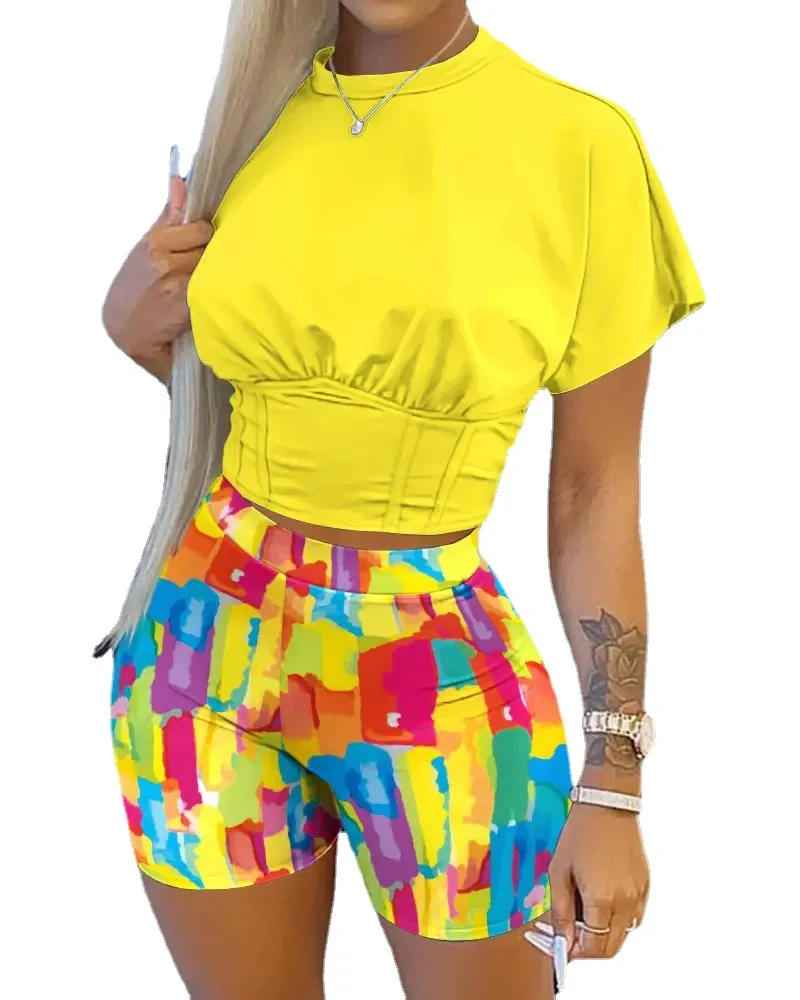 2 Piece Sets Womens Outfits Casual Printing Short Sleeve T-shirt and High Waist Shorts Suit Female Summer Clothing for Women