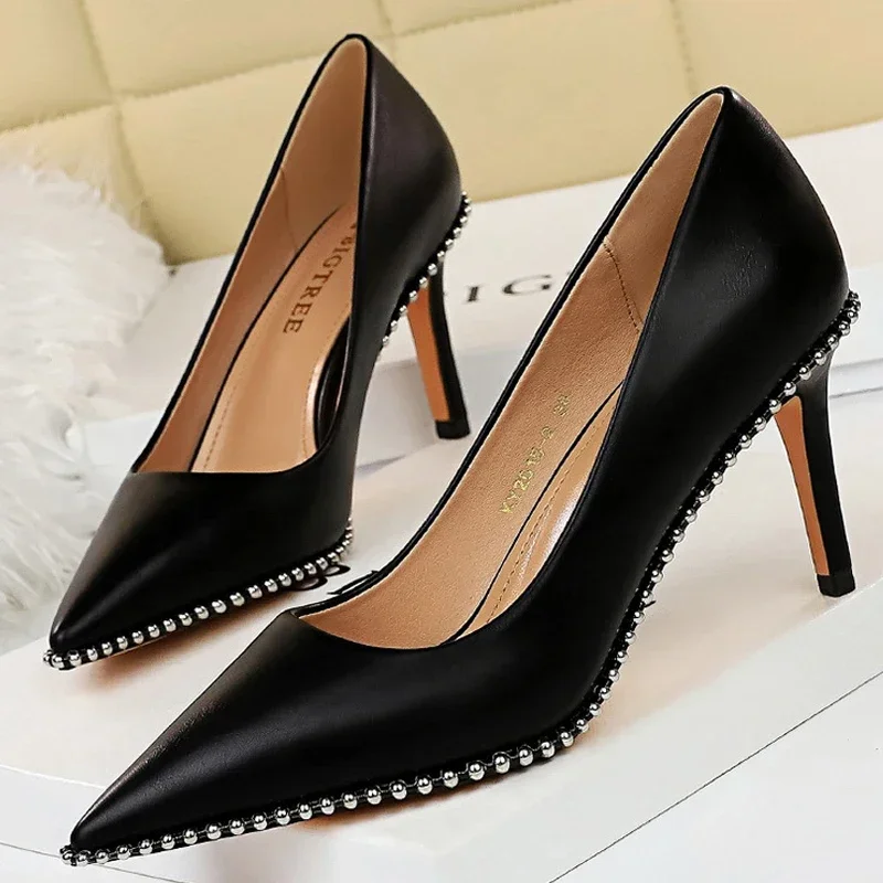 

BIGTREE Shoes Rivet Woman Pumps 2024 New High Heels Stiletto Pu Leather Women Heels Sexy Party Shoes Female Heel Plus Size 43