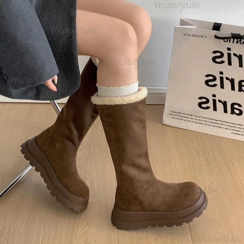 Winter Women's Retro Khaki Snow Boots Platform Fur Lined Outdoor Thick Sole Long Boots Fashion Warm Back Zipper Combatable Botas
