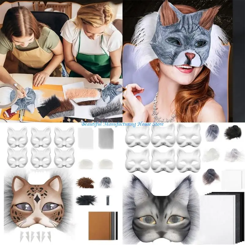 

E56A Unpainted Cats Mask with Eye Mesh Furry Trim Felted Cloth for Masquerades Mask