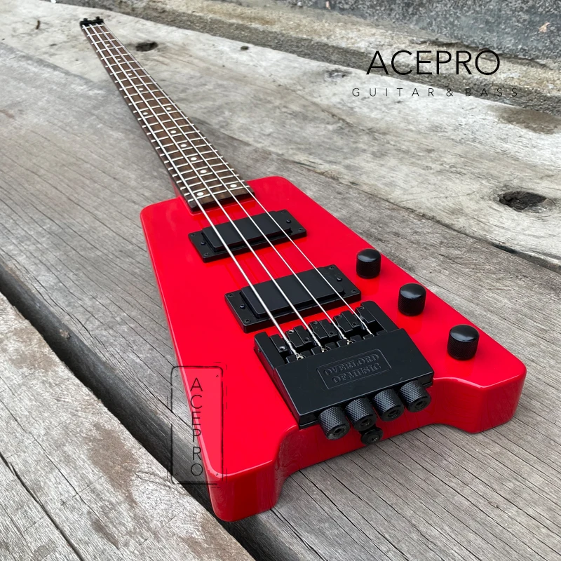 

4-струнная безголовая электробас-гитара красного цвета, черная фурнитура, гриф из палисандра, 24 лада