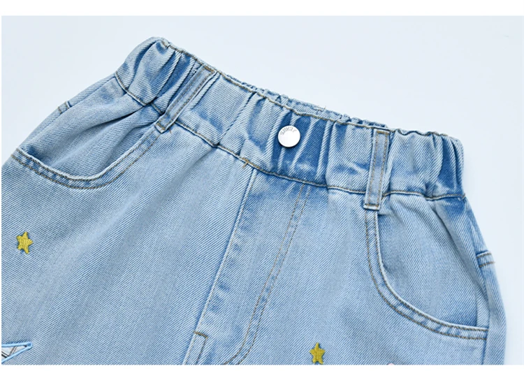 Kinder Sommer Retro Blaue Denim-Shorts mit Sternen für Tweens Mädchen Hip-Hop Taschen Hohe Taille Schmale Knielange Capri-Jeans – Detail 6