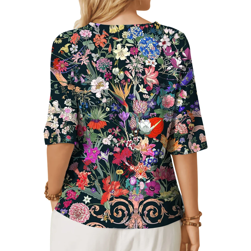 CLOOCL Retro Fantasy Garden Women Blouses 3D Printed Shirt Middle Sleeves Tops with Button Decorate Little Floral Graphic Shirts