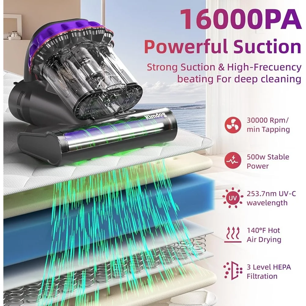 Potente aspirapolvere portatile per materassi 16Kpa UV-C Light 140 ° Macchina per la pulizia delle tappezzerie a basso rumore con filtro HEPA a calore F