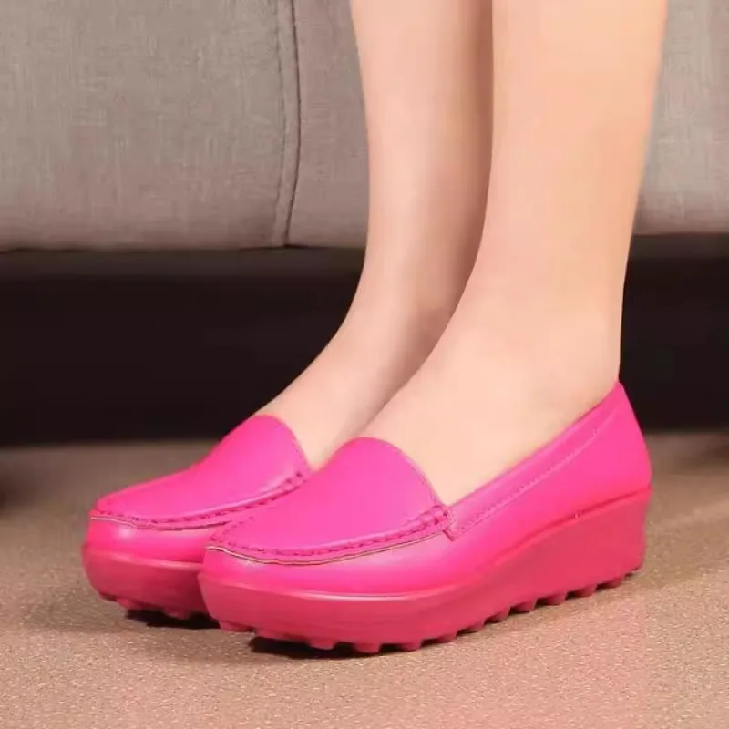 Spring/Summer Flat Women's Shoes Thick Sole Slope Heel Work Casual Anti slip Waterproof Work Leather Shoes