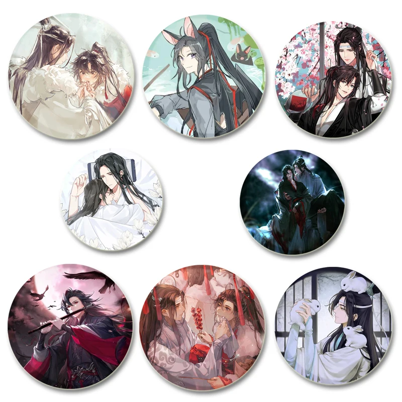 Anime Mo Dao Zu Shi HD Stampa Spilla Distintivo Figura di cartone animato Wei Wuxian Lan Zhan Spille con display rotondo Decorazione di gioielli Spilla