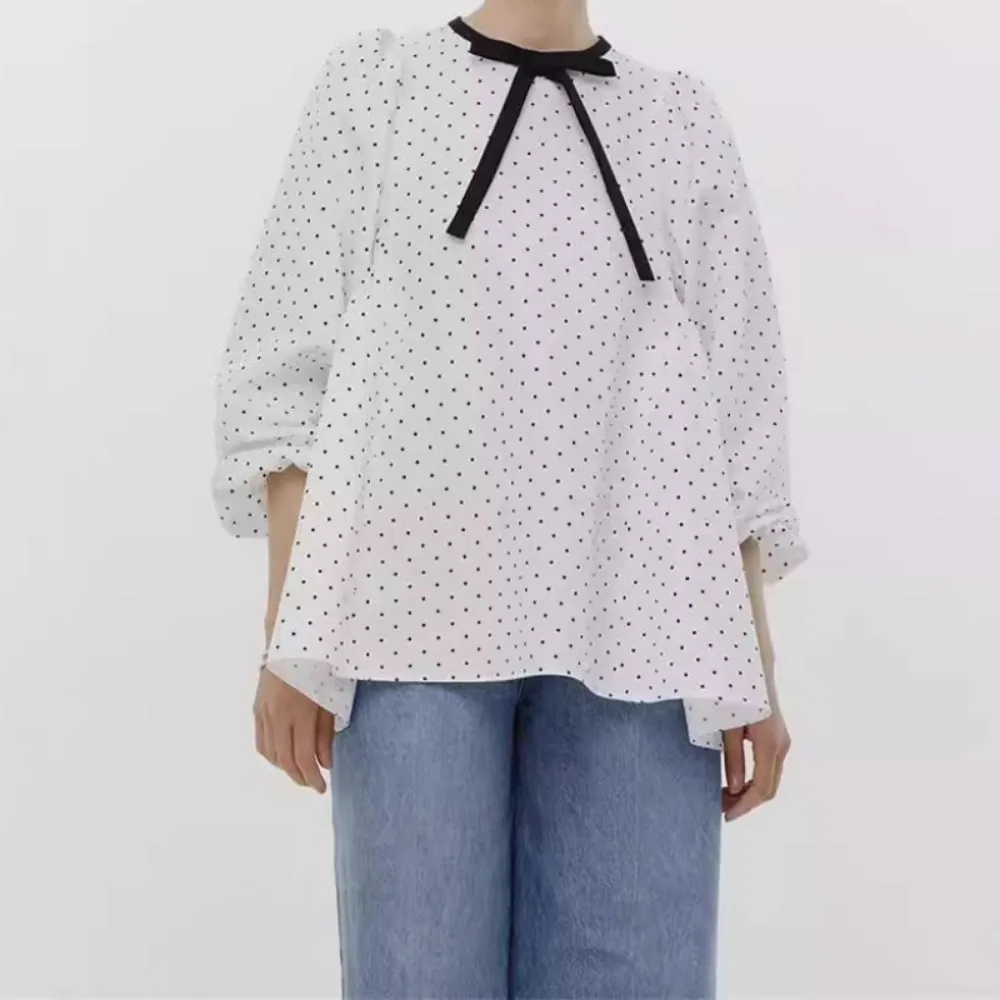 Kuzuwata Fresh Early Autumn O Neck Lantern Sleeve Print Shirt Lace Up Polka Dot Bow Loose Crop Top Japan Pullover Casual Blusas