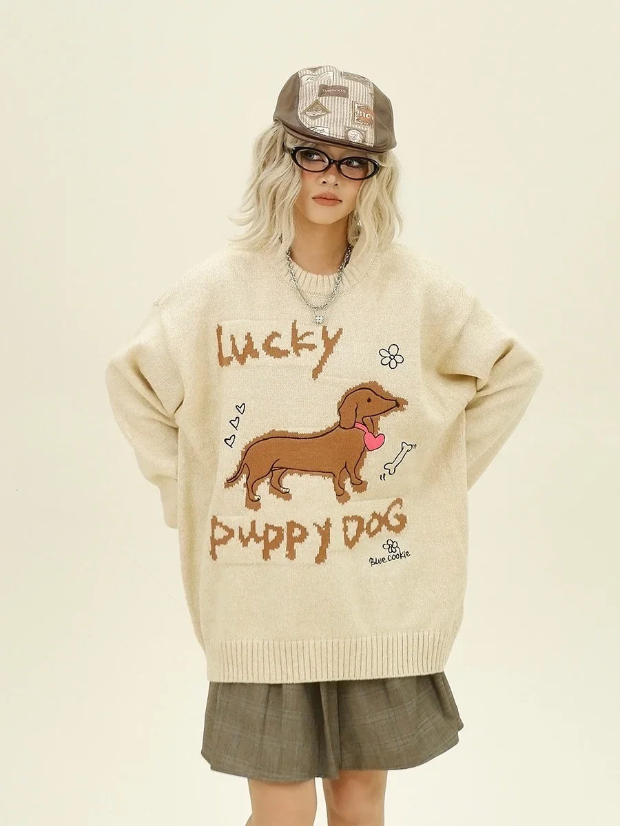 Maillard Puppy Crew Neck Sweater Women's 2024 Autumn New Loose Bf American Street Knitted Top