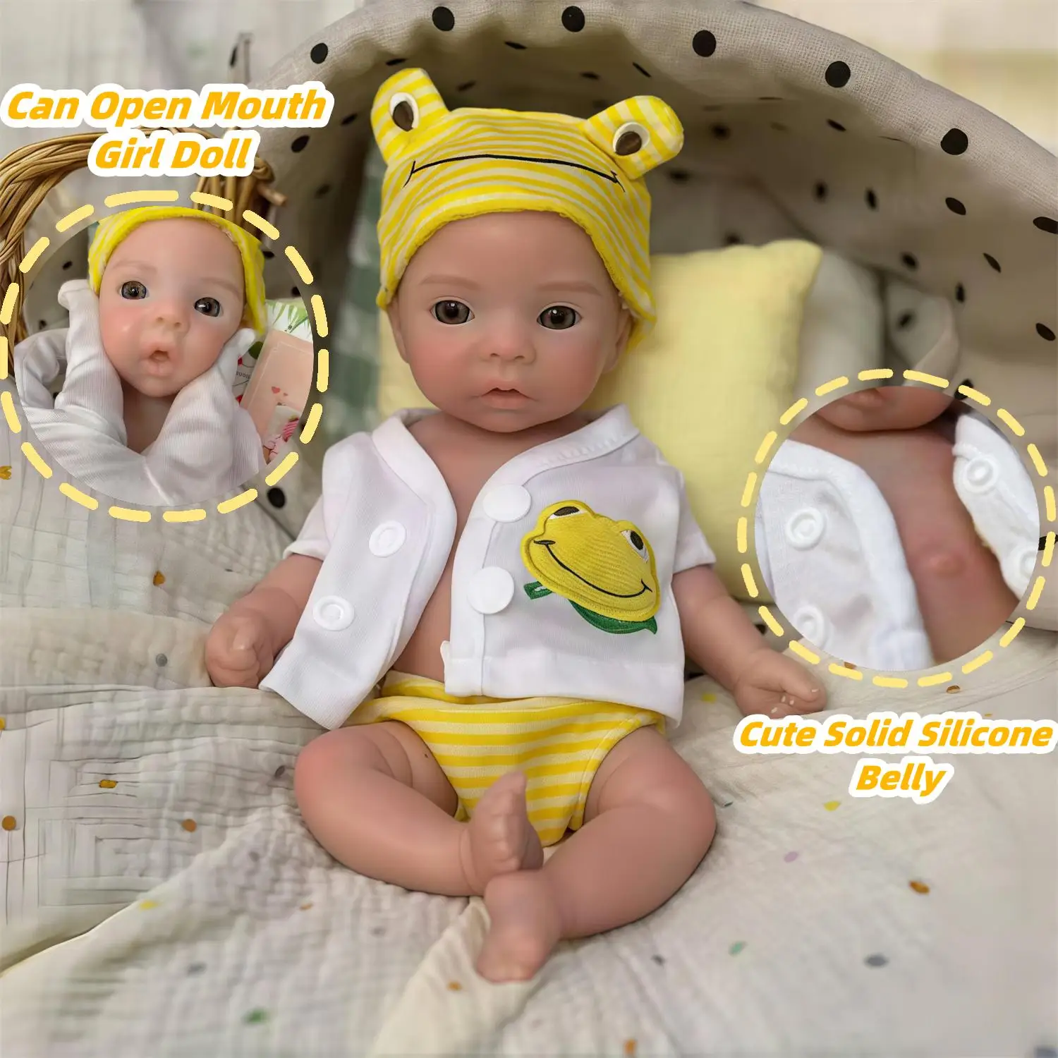 

Open Mouth 10Inch Silicone Girl Doll With 2 Outfits Already Painted Lifelike Lovely Reborn Doll For Children‘s ChristmasGift