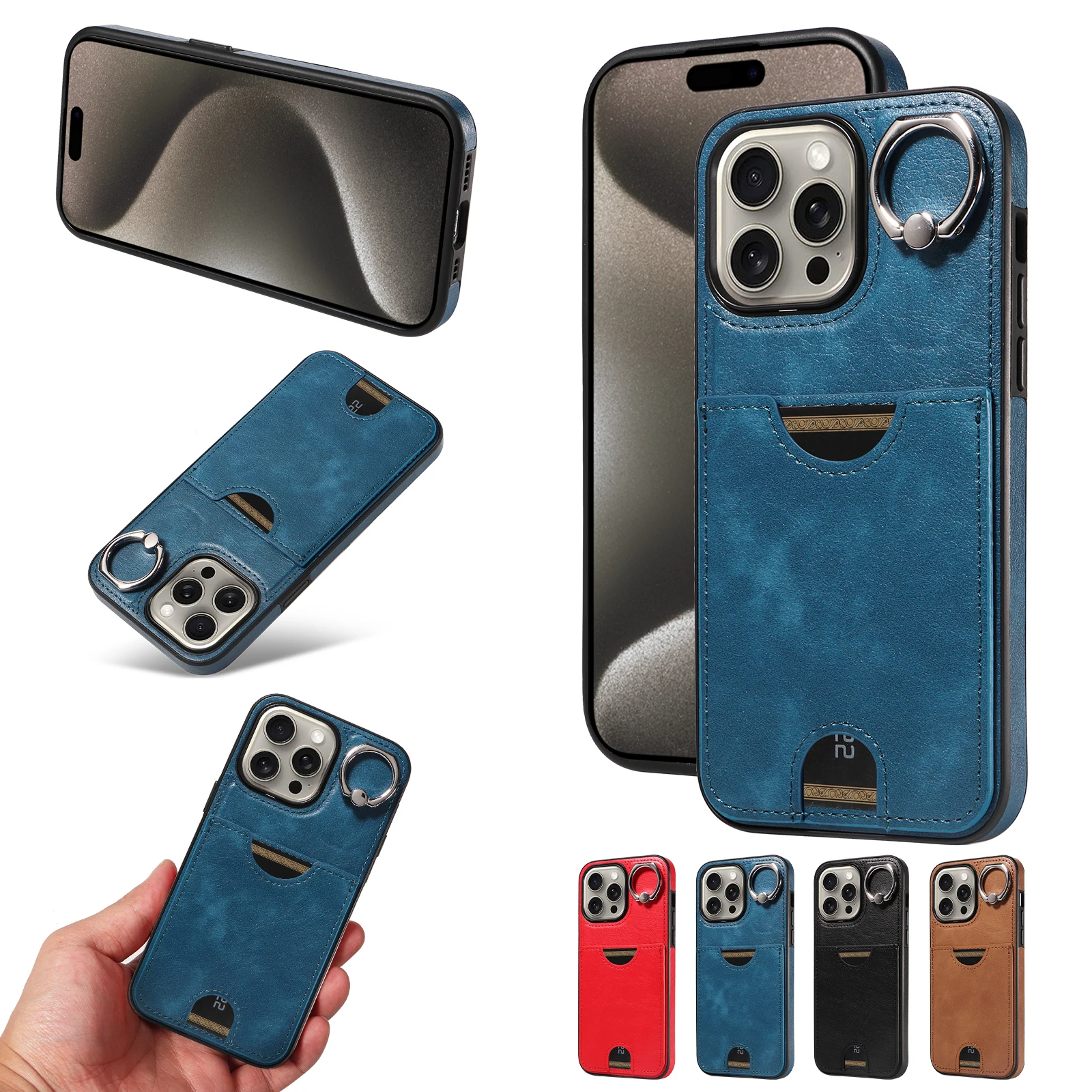 

Leather Phone Case IPhone14 iPhone15 iPhone16/plus/pro/pro max iPhone16E Premium With Built-in Card Slot Finger Buckle Bracket